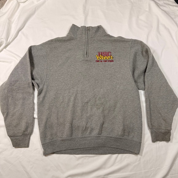 Tops - USC Trojans Quarter Zip Sweatshirt Gray Men's Pullover Fight On Stained